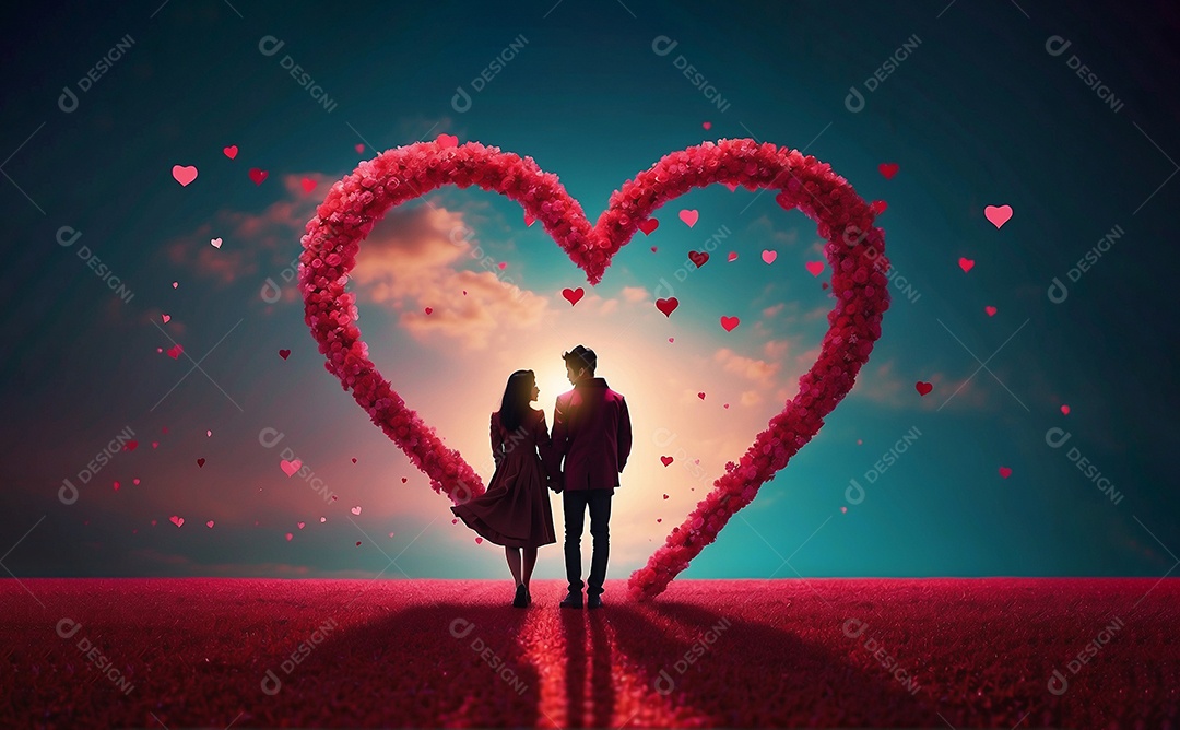 Casal de dia dos namorados e fundo de coração grande com espaço de texto