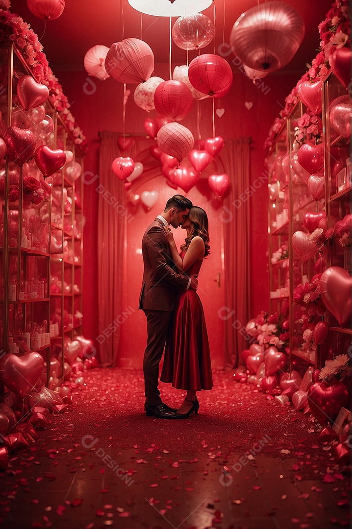 Casal de dia dos namorados e fundo de coração grande com espaço de texto