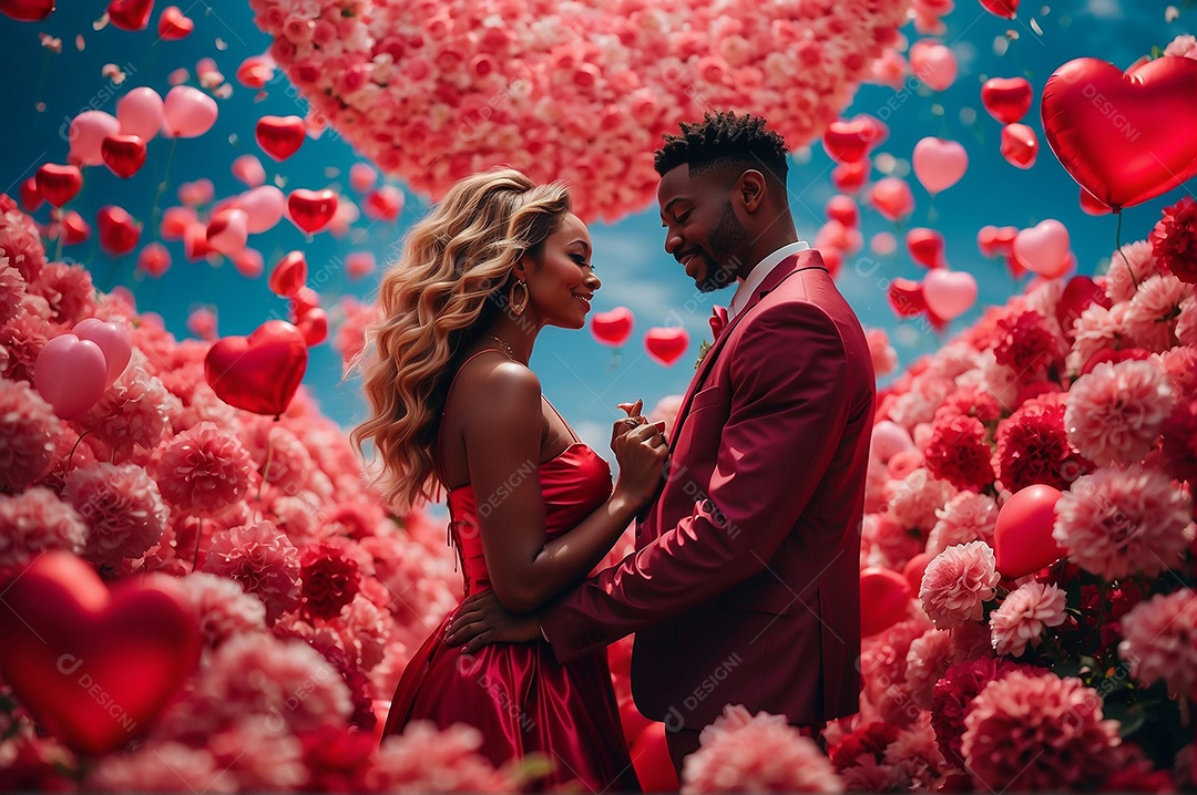 Casal de dia dos namorados e fundo de coração grande com espaço de texto