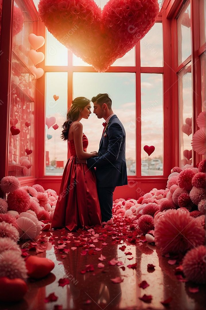 Casal de dia dos namorados e fundo de coração grande com espaço de texto