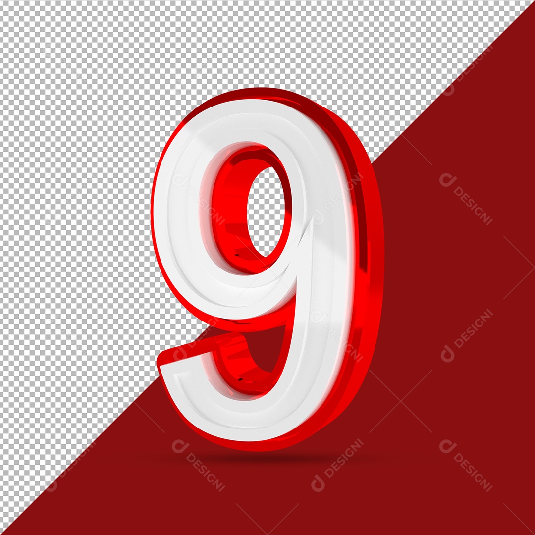 Número 3D 9 Branco e Vermelho Para Composição PSD