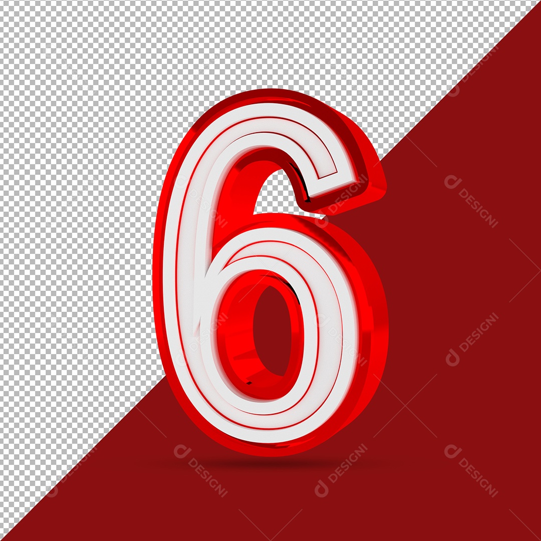 Número 3D 6 Branco e Vermelho Para Composição PSD