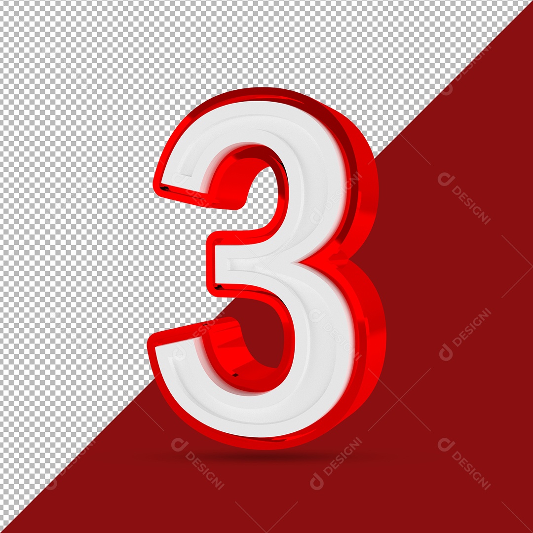 Número 3D 3 Branco e Vermelho Para Composição PSD