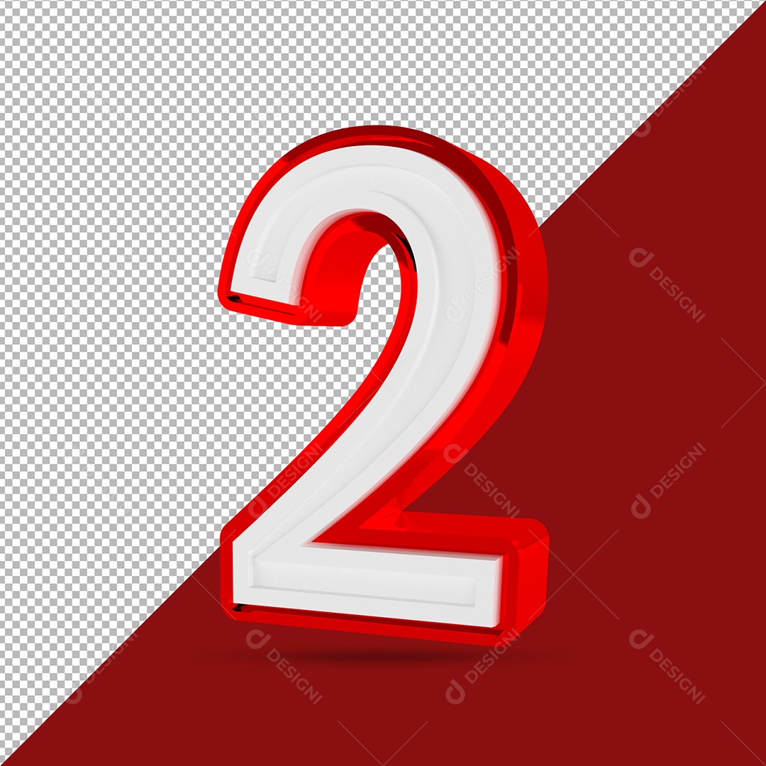 Número 3D 2 Branco e Vermelho Para Composição PSD