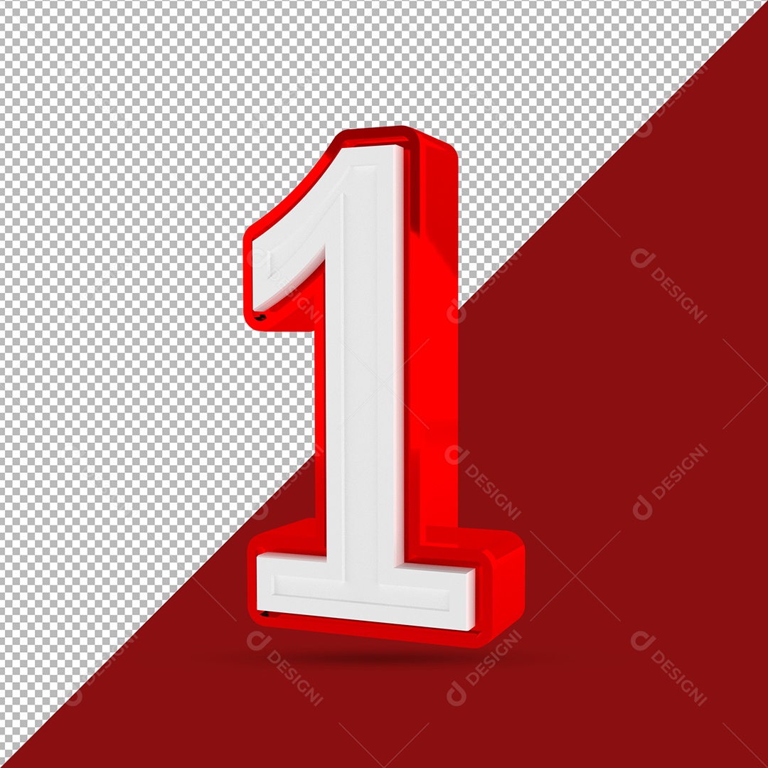 Número 3D 1 Branco e Vermelho Para Composição PSD