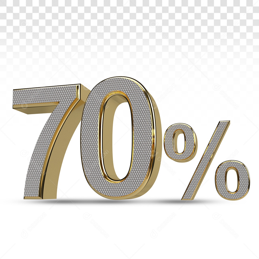 Número 3D 70% Porcento Prata e Dourado Para Composição PSD