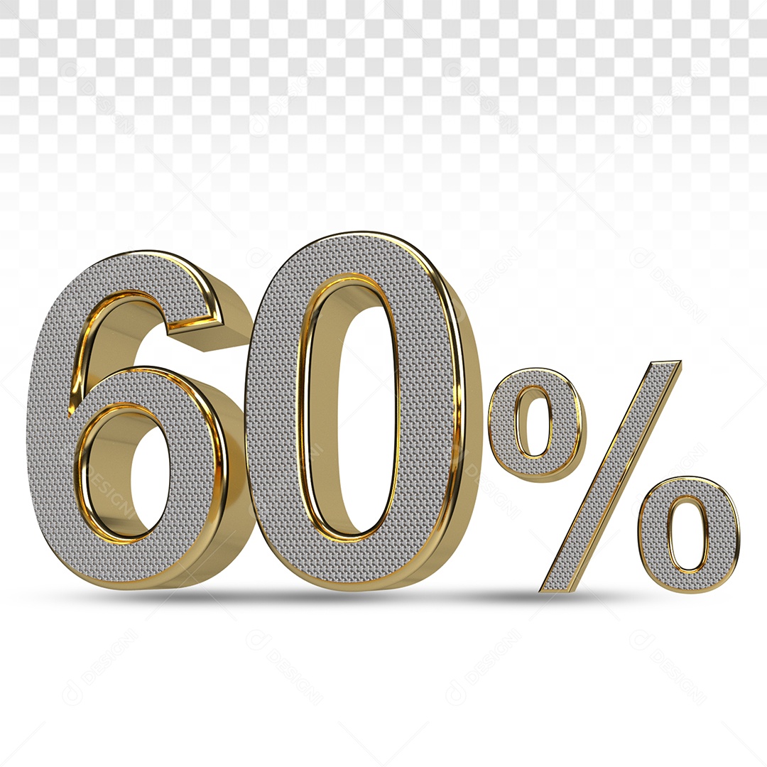 Número 3D 60% Porcento Prata e Dourado Para Composição PSD