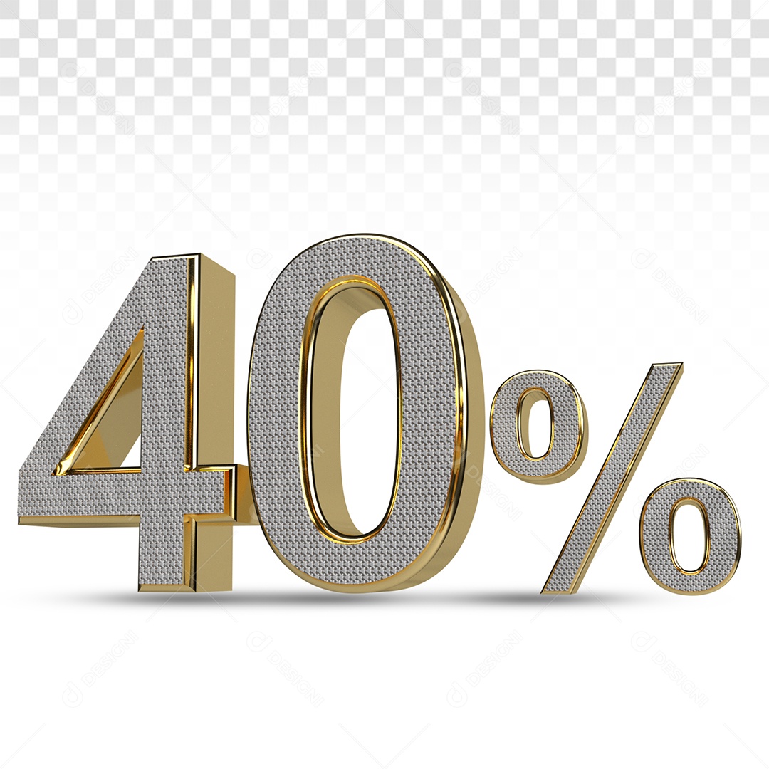 Número 3D 40% Porcento Prata e Dourado Para Composição PSD