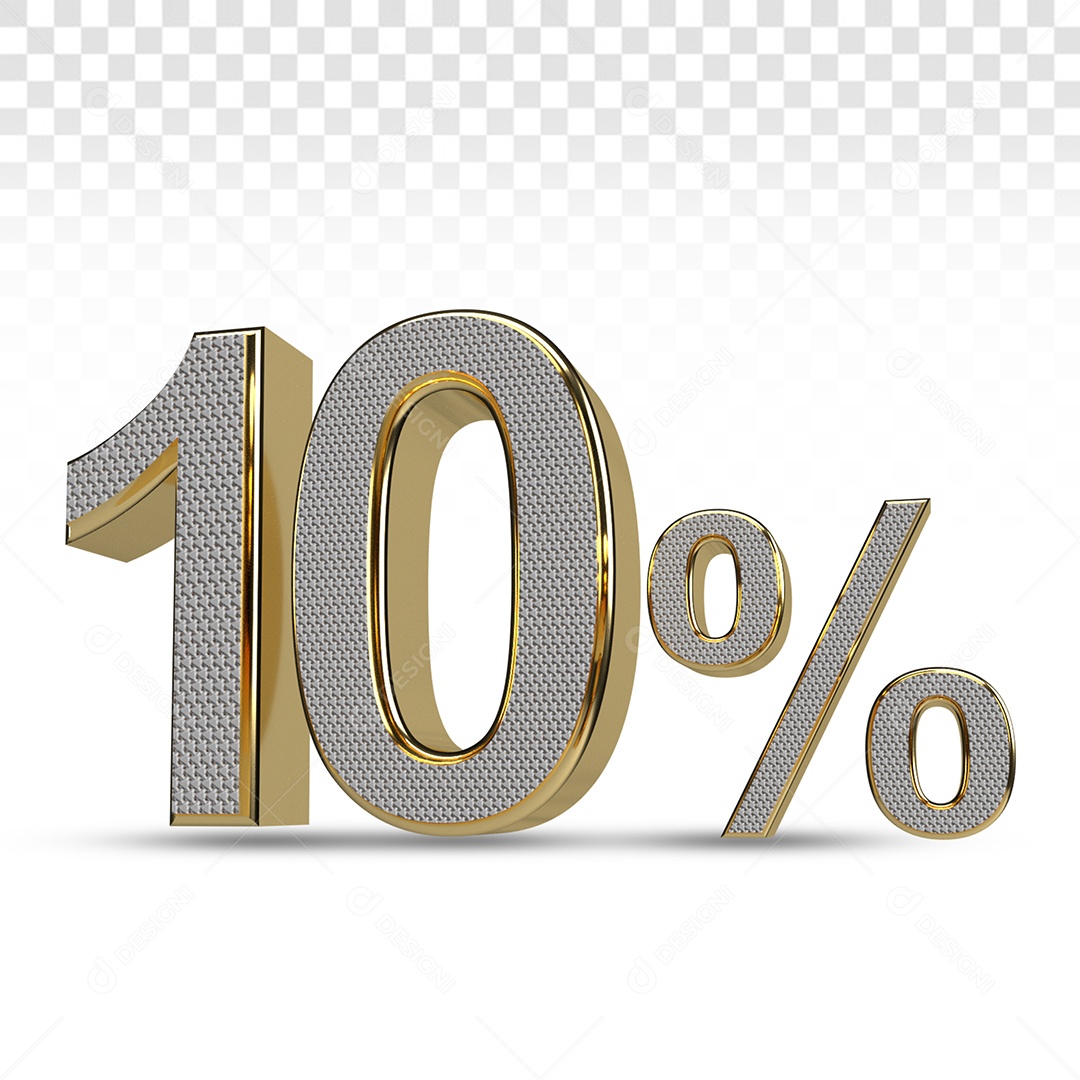 Número 3D 10% Porcento Prata e Dourado Para Composição PSD