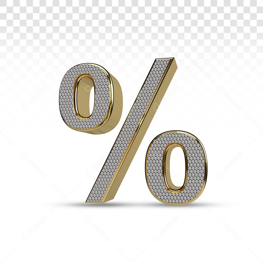 Símbolo 3D % Porcentagem Prata e Dourado Para Composição PSD