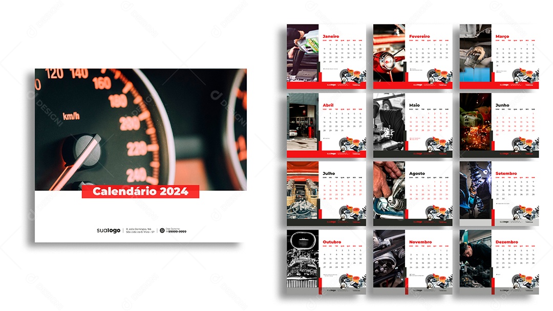 Modelo de Calendário Oficina Mecânica 2024 PSD Editável