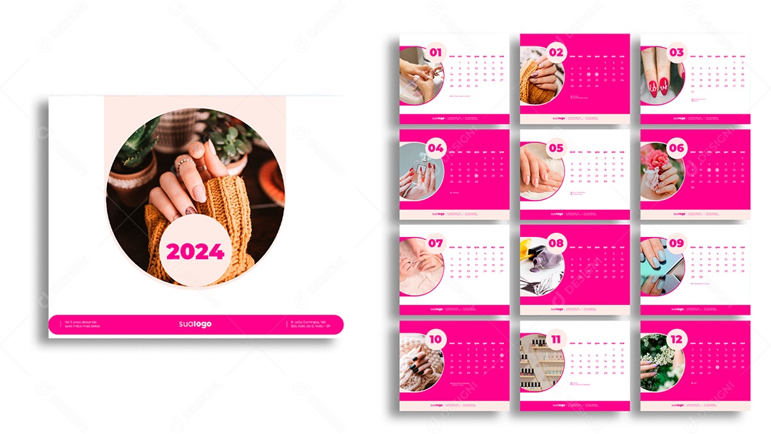 Modelo de Calendário Manicure 2024 PSD Editável
