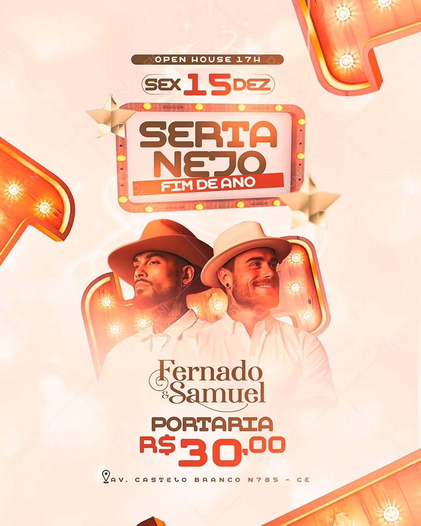 Flyer Ano Novo Sertanejo Fim de Ano Fernado & Samuel Social Media PSD Editável