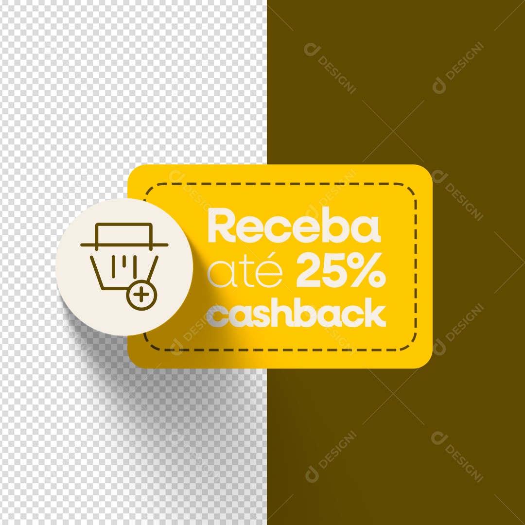 Etiqueta Receba Até 25% Cash Back Elemento 3D Amarelo para Composição PSD