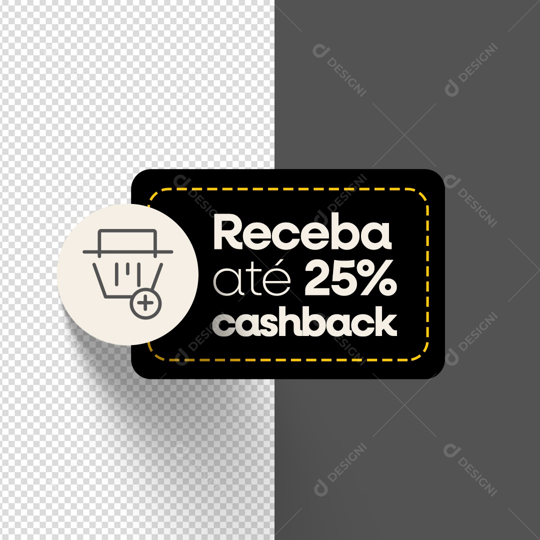 Etiqueta Receba Até 25% Cash Back Elemento 3D Preto para Composição PSD