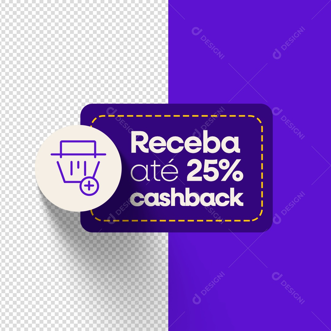 Etiqueta Receba Até 25% Cash Back Elemento 3D Roxo para Composição PSD