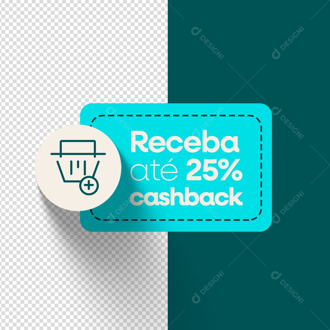 Etiqueta Receba Até 25% Cash Back Elemento 3D Turquesa para Composição PSD