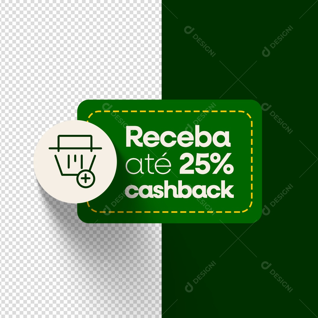 Etiqueta Receba Até 25% Cash Back Elemento 3D Verde para Composição PSD