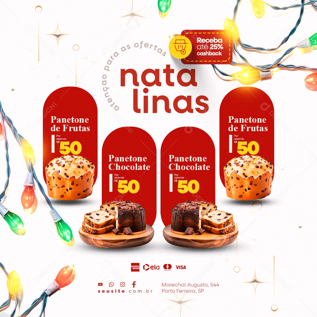 Social Media Feliz Natal Supermercado Panetone de Frutas Receba Até 25% Cashback PSD Editável