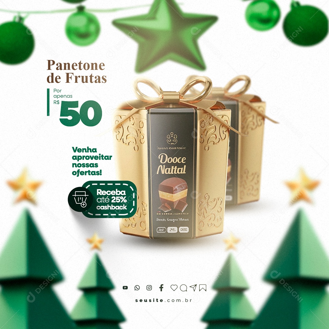 Feliz Natal Supermercado Panetone de Frutas Receba Até 25% Cashback Social Media PSD Editável