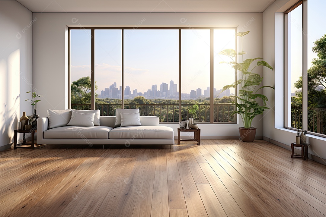 Apartamento moderno vazio com paredes brancas e janelas grandes design de interiores minimalista em um apartamento de luxo gerado por IA