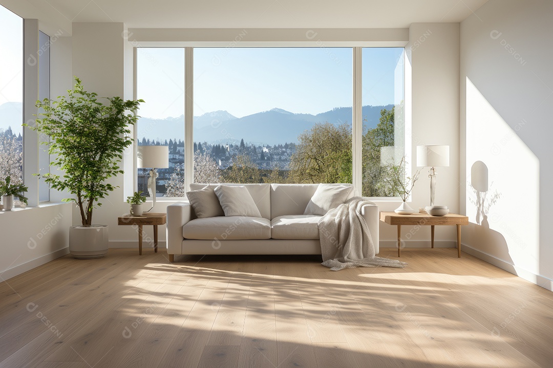 Apartamento moderno vazio com paredes brancas e janelas grandes design de interiores minimalista em um apartamento de luxo gerado por IA