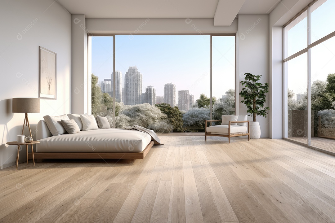 Apartamento moderno vazio com paredes brancas e janelas grandes design de interiores minimalista em um apartamento de luxo gerado por IA