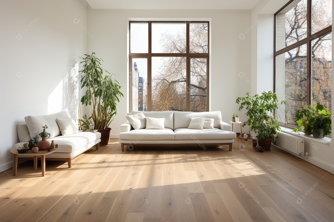 Apartamento moderno vazio com paredes brancas e janelas grandes design de interiores minimalista em um apartamento de luxo gerado por IA