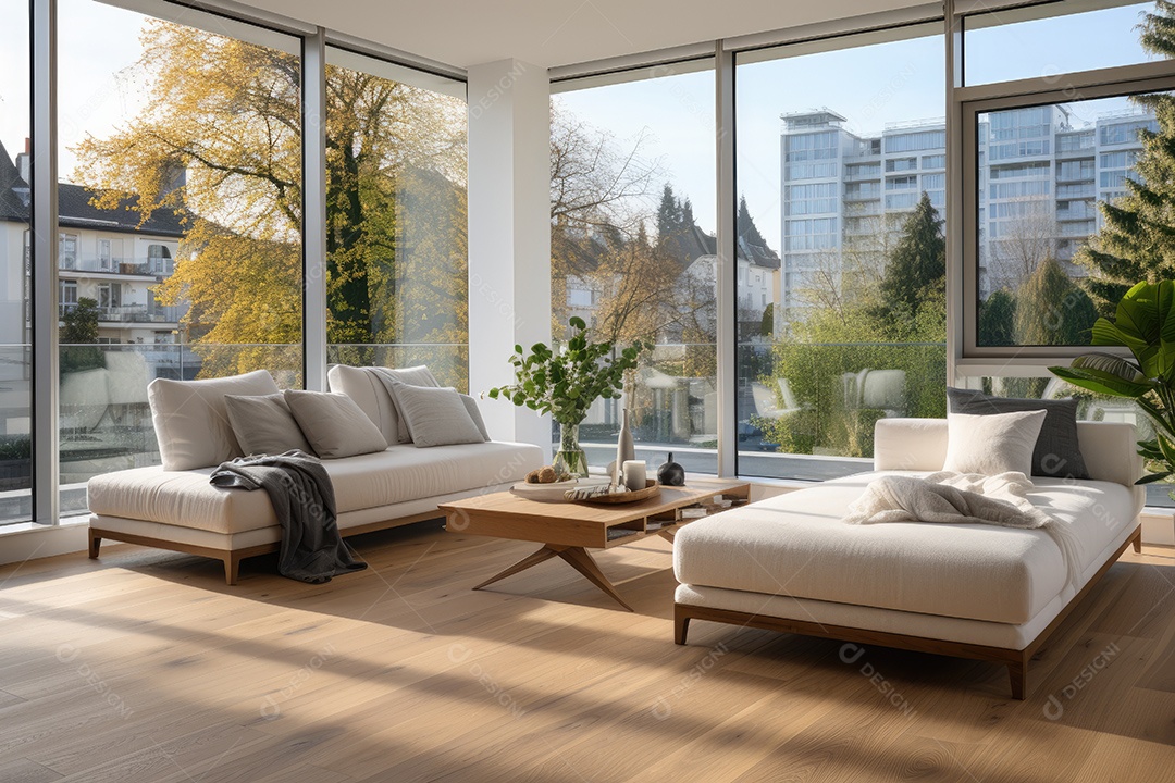 Apartamento moderno vazio com paredes brancas e janelas grandes design de interiores minimalista em um apartamento de luxo gerado por IA