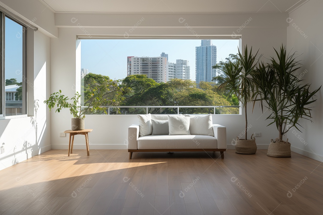 Apartamento moderno vazio com paredes brancas e janelas grandes design de interiores minimalista em um apartamento de luxo gerado por IA