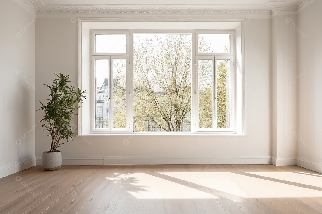 Apartamento moderno vazio com paredes brancas e janelas grandes design de interiores minimalista em um apartamento de luxo gerado por IA