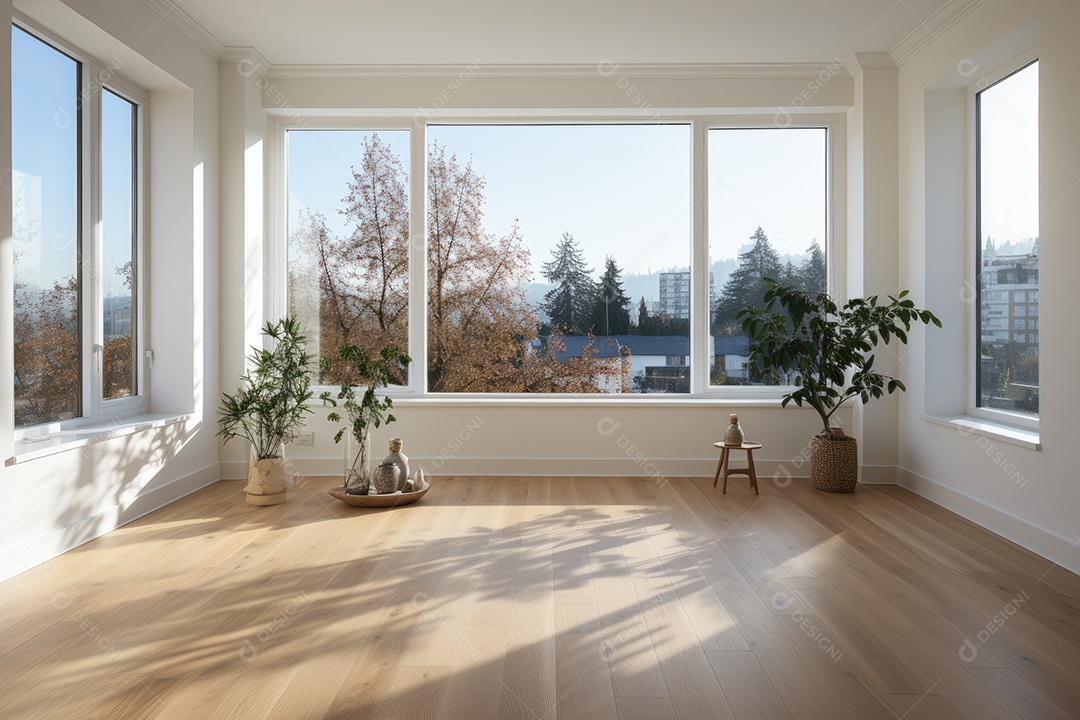 Apartamento moderno vazio com paredes brancas e janelas grandes design de interiores minimalista em um apartamento de luxo gerado por IA