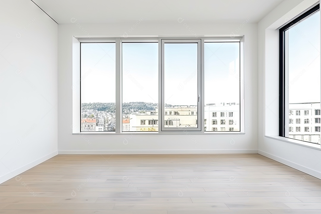 Apartamento moderno vazio com paredes brancas e janelas grandes design de interiores minimalista em um apartamento de luxo gerado por IA