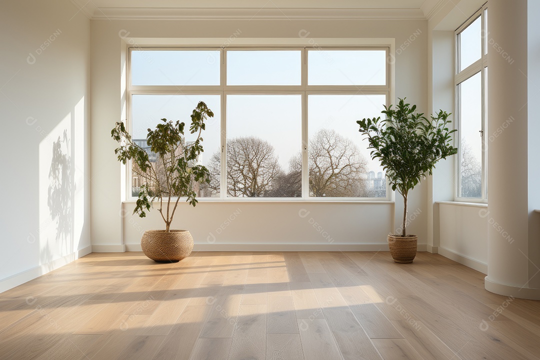 Apartamento moderno vazio com paredes brancas e janelas grandes design de interiores minimalista em um apartamento de luxo gerado por IA