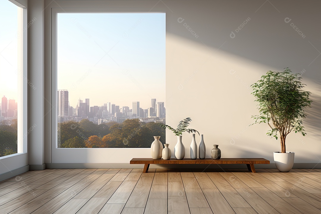 Apartamento moderno vazio com paredes brancas e janelas grandes design de interiores minimalista em um apartamento de luxo gerado por IA