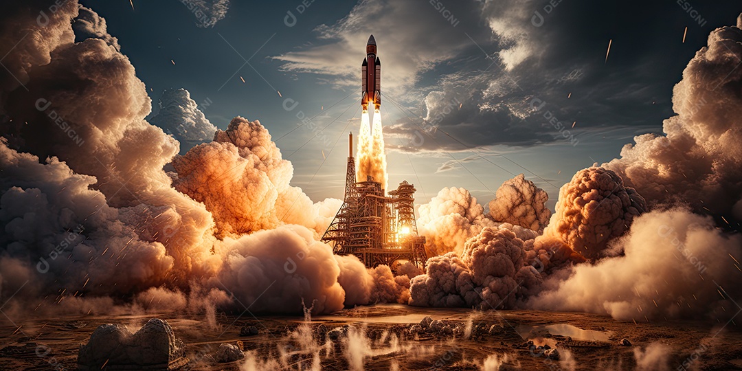 Um foguete lançado no vasto espaço do universo gerado por IA