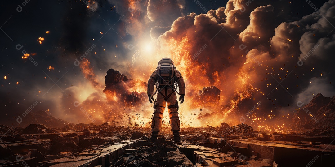 Um foguete lançado no vasto espaço do universo gerado por IA