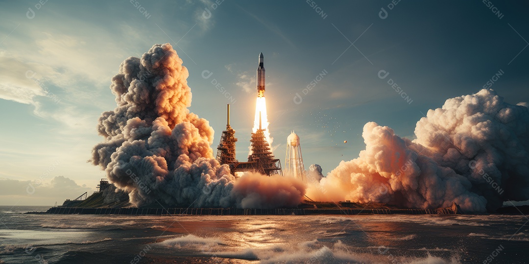 Um foguete lançado no vasto espaço do universo gerado por IA