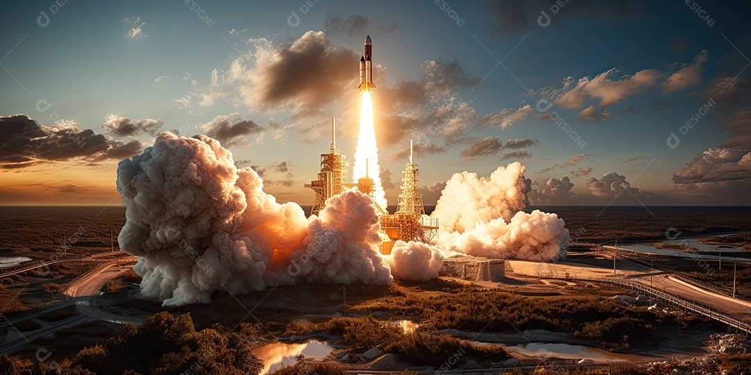 Um foguete lançado no vasto espaço do universo gerado por IA