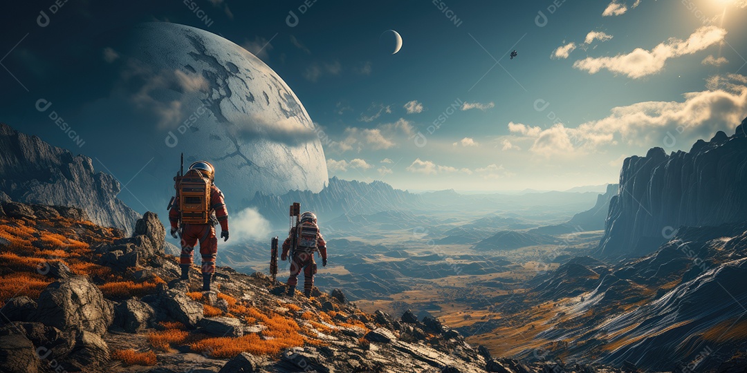 Astronautas em trajes espaciais futuristas estão explorando a superfície de Marte gerado por IA