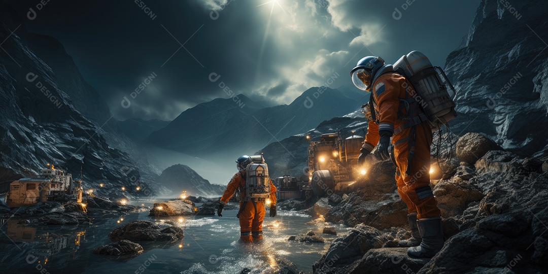 Astronautas em trajes espaciais futuristas estão explorando a superfície de Marte gerado por IA