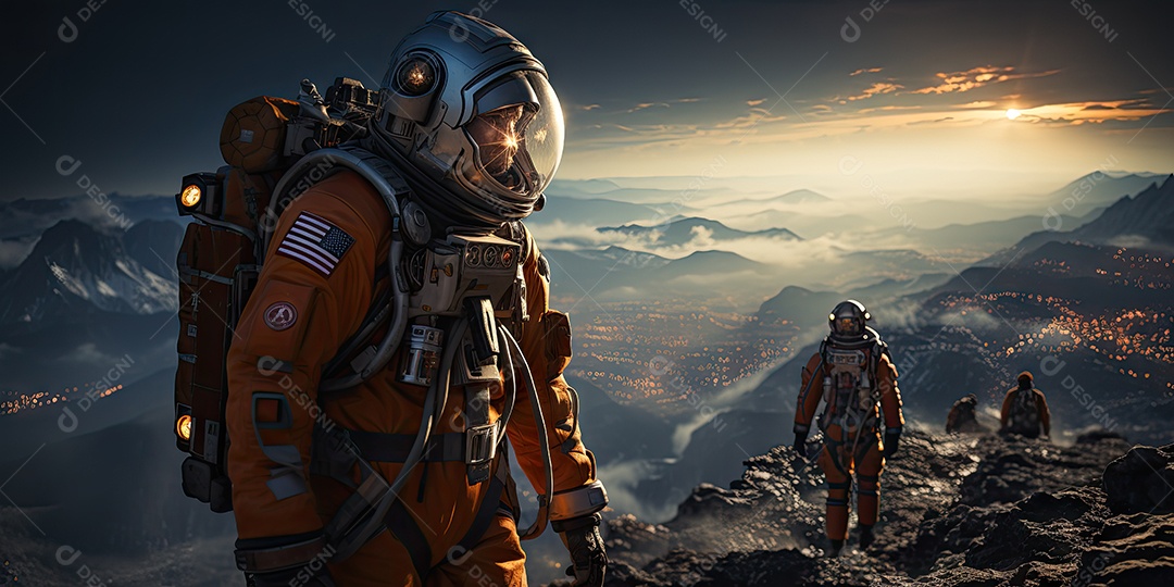 Astronautas em trajes espaciais futuristas estão explorando a superfície de Marte gerado por IA