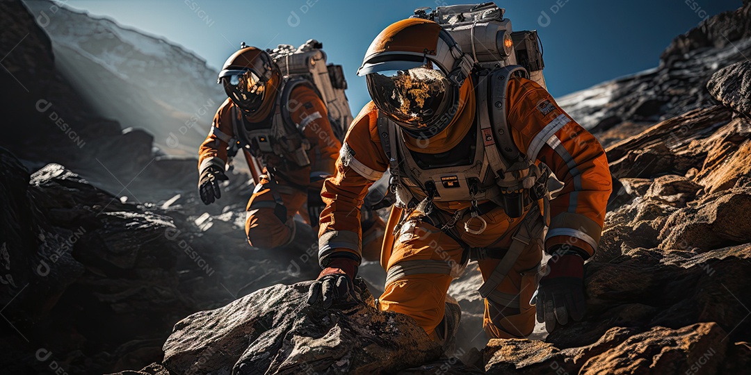 Astronautas em trajes espaciais futuristas estão explorando a superfície de Marte gerado por IA