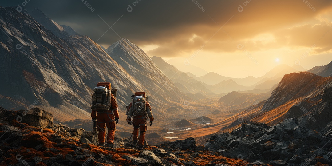 Astronautas em trajes espaciais futuristas estão explorando a superfície de Marte gerado por IA