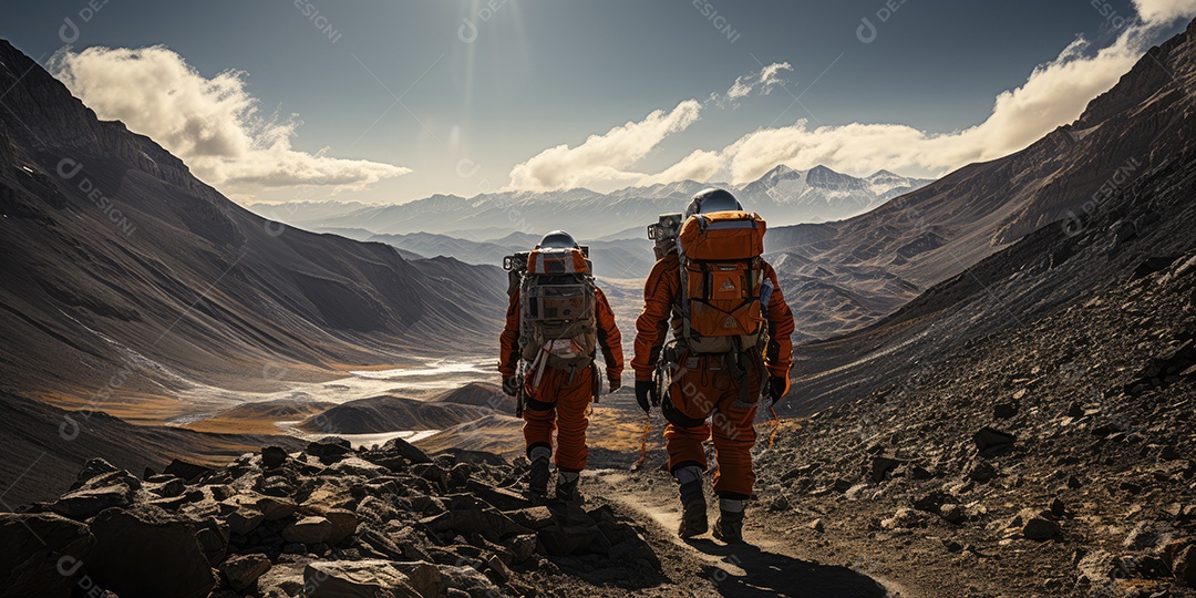 Astronautas em trajes espaciais futuristas estão explorando a superfície de Marte gerado por IA