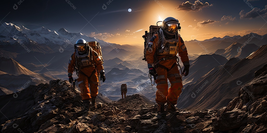 Astronautas em trajes espaciais futuristas estão explorando a superfície de Marte gerado por IA