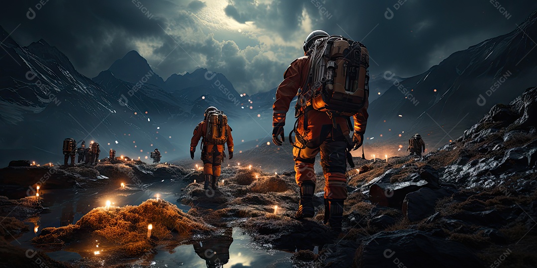 Astronautas em trajes espaciais futuristas estão explorando a superfície de Marte gerado por IA