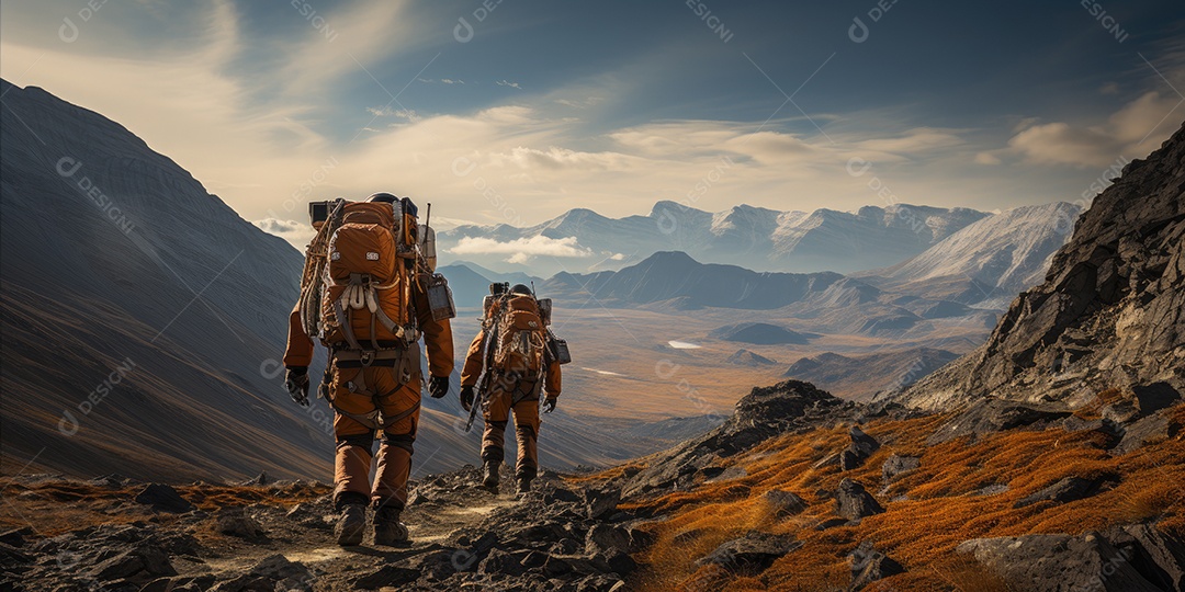 Astronautas em trajes espaciais futuristas estão explorando a superfície de Marte gerado por IA