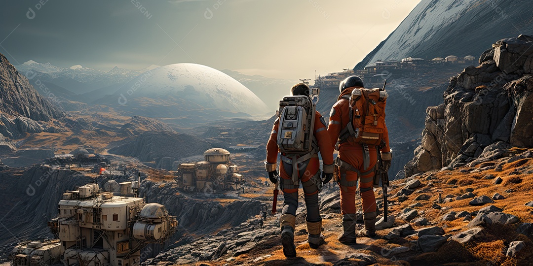 Astronautas em trajes espaciais futuristas estão explorando a superfície de Marte gerado por IA