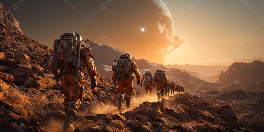 Astronautas em trajes espaciais futuristas estão explorando a superfície de Marte gerado por IA